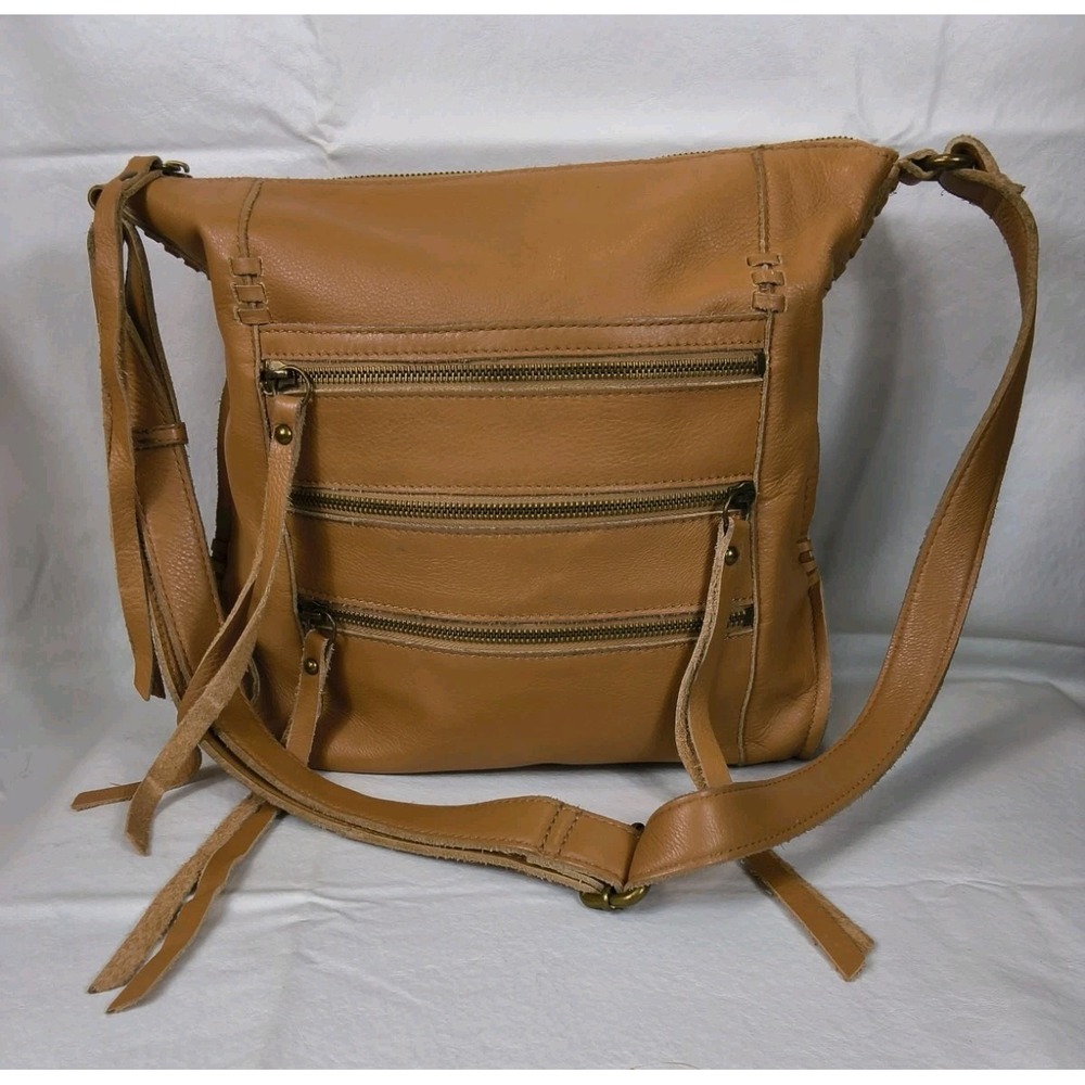 Lucky Brand Shannon Tan Leather Triple Zip Crossbody Bag Boho Fringe Messenger